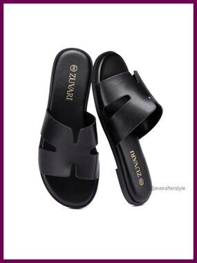 PU Leather Slide Sandals Open Toe Slip On Flat Mules Comfortable Beach